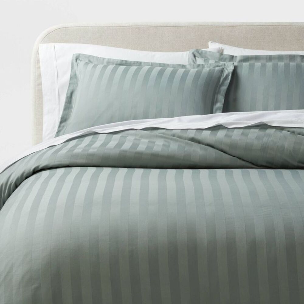 3pc King 300TC Luxe Striped Damask Cotton Duvet Set - Light Teal Green